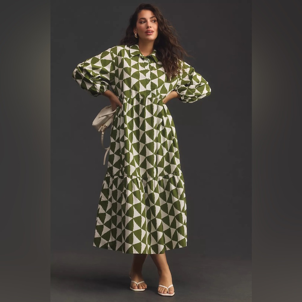 Anthropologie The Bettina Tiered Shirt Dress by Maeve (Green/White Triangles)